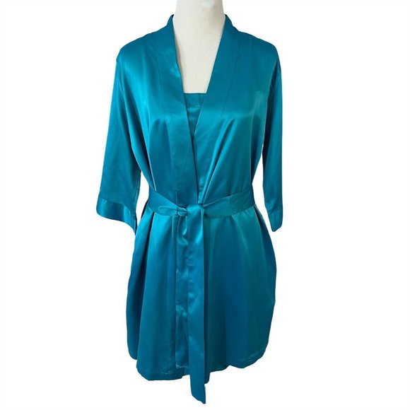 Cabernet Short Satin Wrap Robe & Chemise Nightgown Small and Medium Peacock Blue - Picture 9 of 12